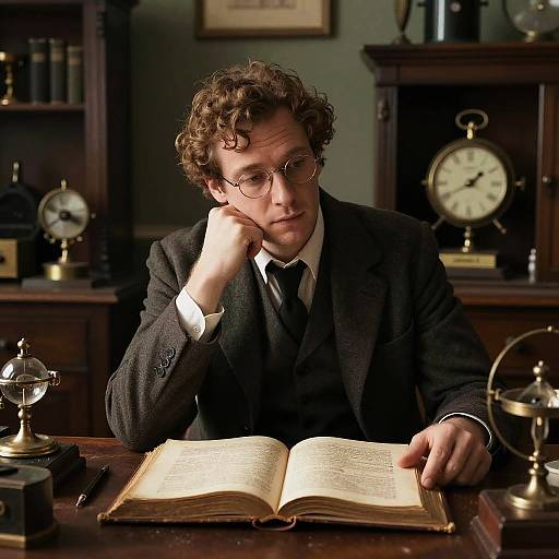 Photograph of a curly-haired man in a black suit, white shirt, and glasses, reading an open book in a dimly lit, vintage study