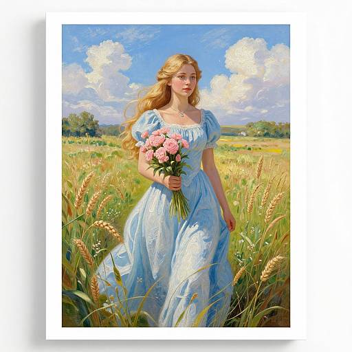 Digital painting of a blonde woman in a blue, off-shoulder dress holding pink flowers, standing in a sunlit wheat field with a bright blue
