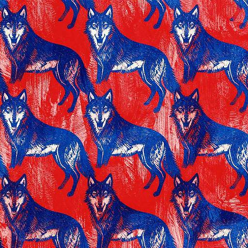 Digital drawing of blue wolves with white accents on a vibrant red background, creating a bold, repetitive pattern. The wolves are evenly spaced, facing forward,