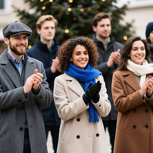 Joyful Group Celebration Near Christmas Tree