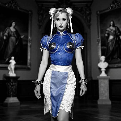 Digital art of a blonde woman in a blue, high-collared, lace-trimmed dress with star pasties, wearing double buns,
