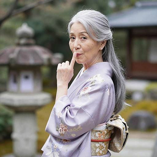 Photograph of an elderly Asian woman with long gray hair, wearing a light purple kimono with floral patterns, standing outdoors, finger to lips, with