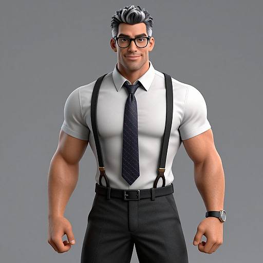 CGI image of a muscular man with black hair, glasses, white shirt, black tie, suspenders, and black pants, standing confidently.