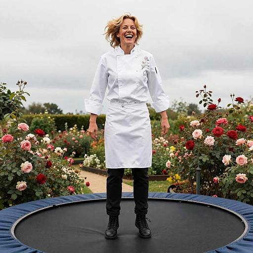 Joyful Chef Jumping in Rose Garden