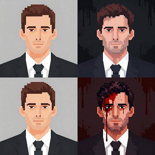 Pixel art four-panel portrait of a brown-haired man in a black suit, white shirt, and black tie; first two panels are normal, last two
