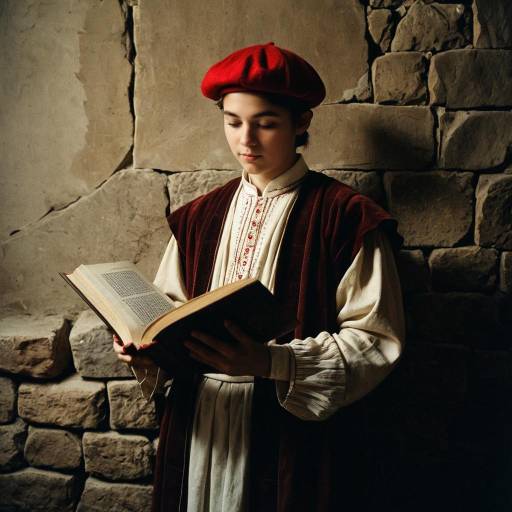 Young man in Renaissance costume reading old book