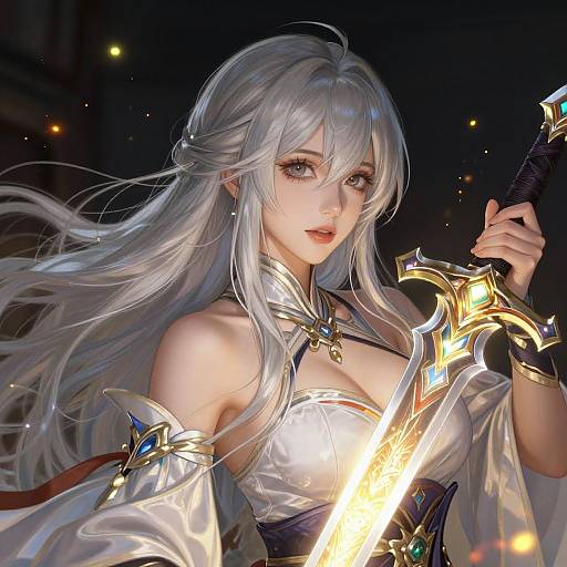 Digital art of a beautiful, silver-haired woman with long hair, wearing a shiny, white, cleavage-revealing armor, holding a glowing sword