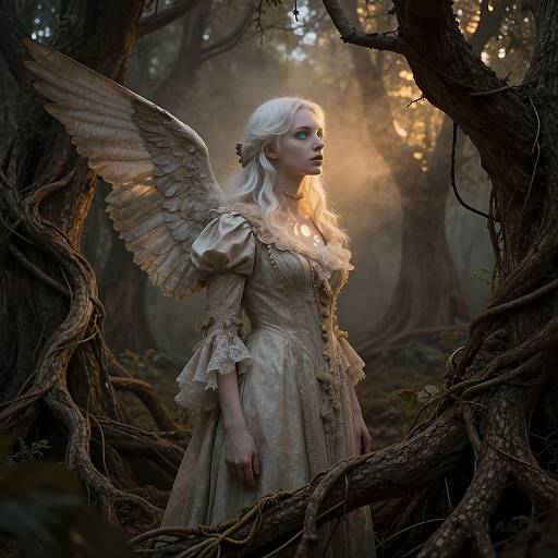 Digital artwork of a pale-skinned, blonde angelic woman with large, feathered wings, wearing a vintage, lace-trimmed dress, standing