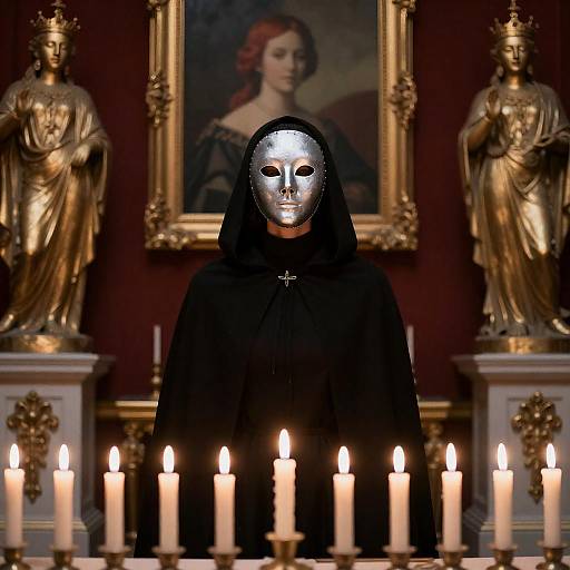 Silver Masked Figure at Candlelit Altar