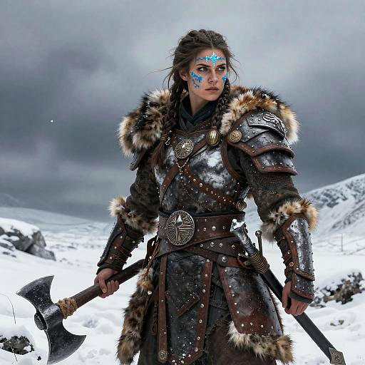 Photograph-style CGI of a fierce, blue-painted, Nordic warrior woman in metal armor with fur trim, holding a double-headed axe, standing in