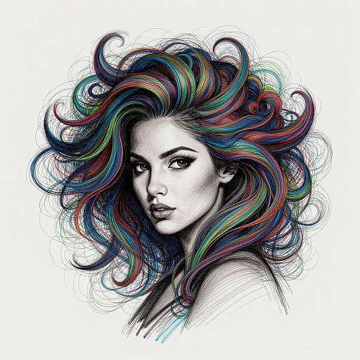 Digital drawing of a serious, white-skinned woman with voluminous, multicolored, curly hair in vibrant blues, greens, and reds,