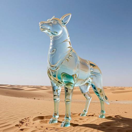 Photorealistic CGI of a transparent, reflective horse statue standing in a sunny, desert landscape with clear blue sky and orange sand.