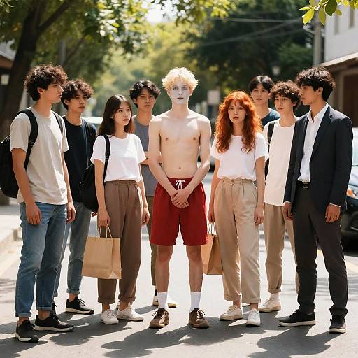 Sunlit Street Gathering with Diverse Attire