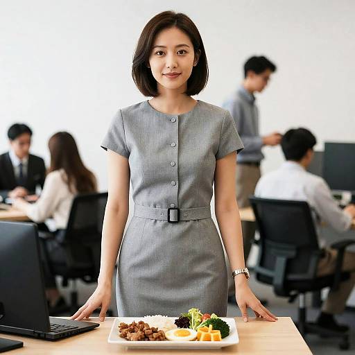 Office Lunch Woman in Grey Dress