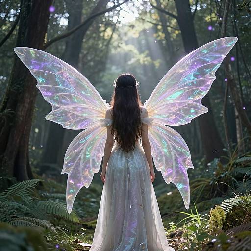 Photograph of a fairy with iridescent wings, long brown hair, and a white, flowing dress, standing in a sunlit forest.