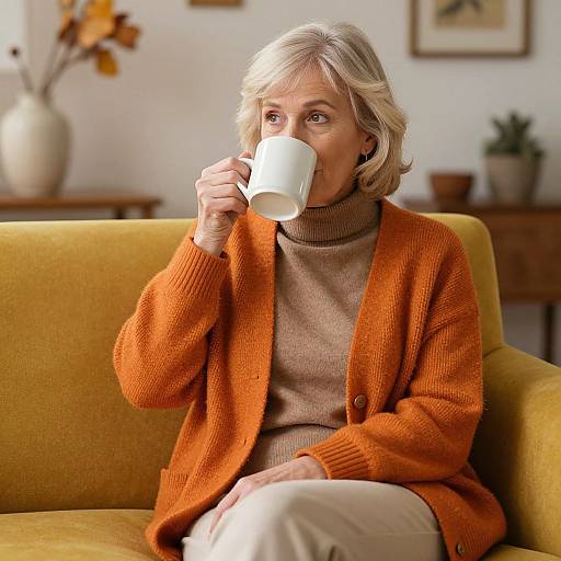 Photograph of an elderly woman with short blonde hair, wearing an orange cardigan and brown turtleneck, sitting on a yellow couch, sipping