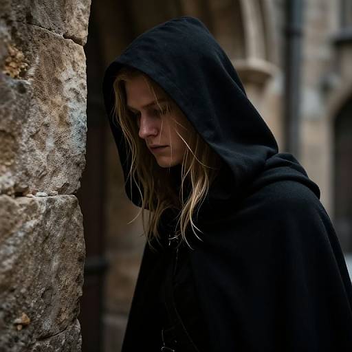 Photograph of a somber young woman with long blonde hair, wearing a black hooded cloak, standing against a textured stone wall.