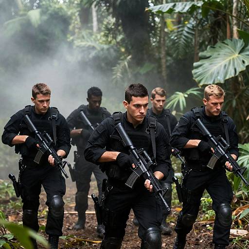 Soldiers Advancing Through Jungle Terrain