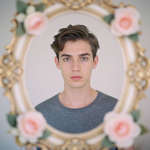 Photorealistic portrait of young Caucasian man with dark hair, blue eyes, and fair skin, wearing gray shirt, framed by blurry pink roses in orn