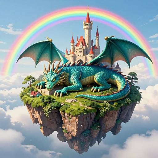 Digital artwork of a blue dragon with green wings lying on a floating cliff, topped with a castle, under a vibrant rainbow.