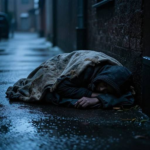 Photograph of a huddled, homeless person covered in a tattered blanket, sleeping on a wet, blue-lit urban alleyway at night.