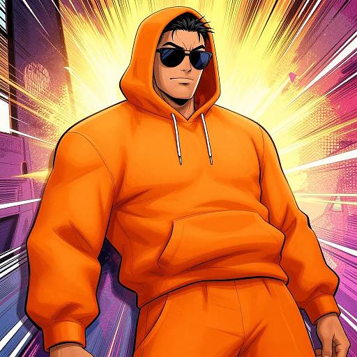 Colorful digital artwork of a muscular man with dark hair, black sunglasses, and an orange hoodie, standing in a vibrant, radiant background.
