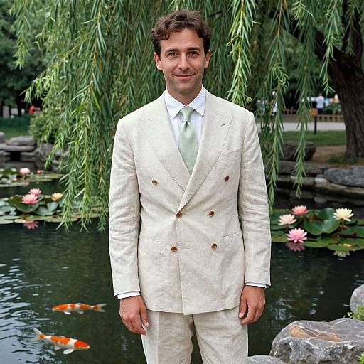 Photograph of a smiling man with short brown hair, wearing a white double-breasted suit and light green tie, standing in front of a lush pond