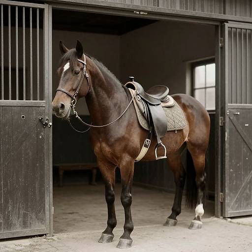 Photograph of a dark brown horse with a white stripe on its forehead, wearing a black saddle, standing in an open black wooden stable.