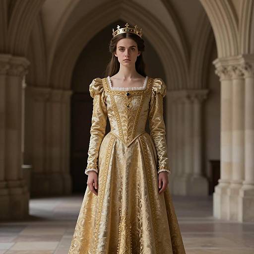 Young Woman in Gold Medieval Gown and Crown
