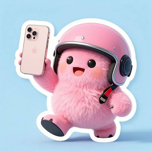 Cute, pink, fluffy creature with helmet, taking a selfie with an iPhone, smiling, on blue background, digital art style.