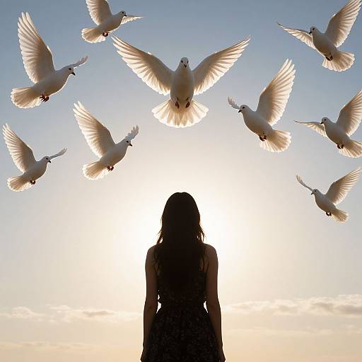 Silhouetted woman with long hair, surrounded by flying white doves, against a bright sunset sky, creating a serene, heavenly scene.