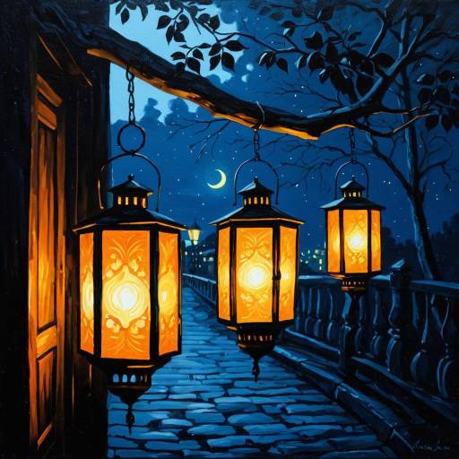 Glowing Lanterns on Moonlit Pathway