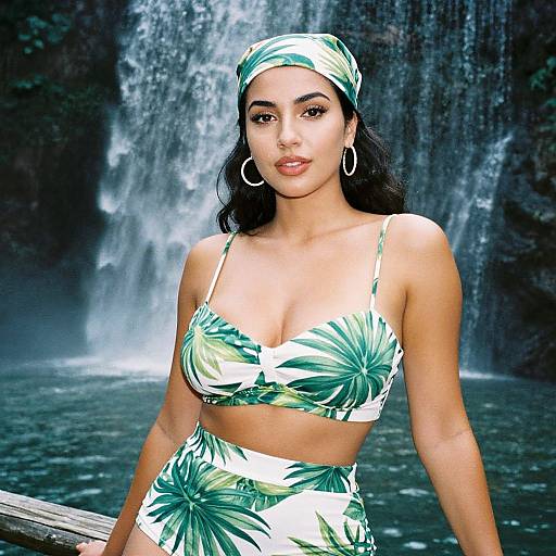 Photograph of a beautiful Latina woman with long dark hair, wearing a green and white palm leaf bikini and headband, standing in front of a waterfall