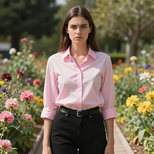 Young Woman in Vibrant Floral Garden