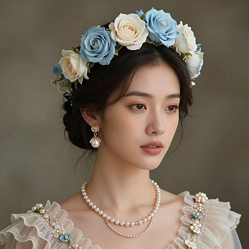 Photograph of an East Asian woman with fair skin, wearing a delicate pearl necklace, white lace dress, blue and white flower crown, and pearl earrings