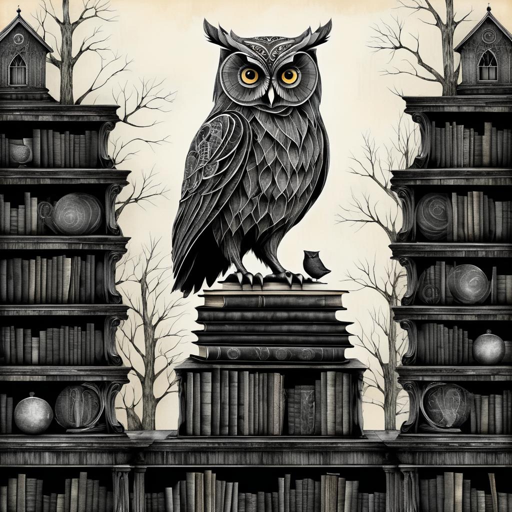 Whimsical Owl on Weathered Bookshelves