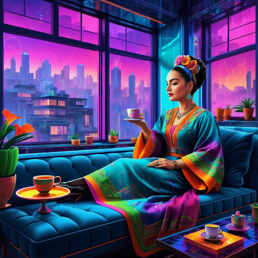 Cozy Cyberpunk Scene with a Mature Woman