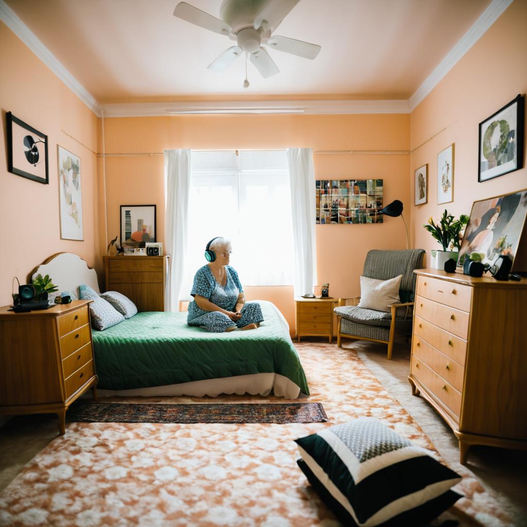 Elderly Woman Enjoys Music in Bedroom