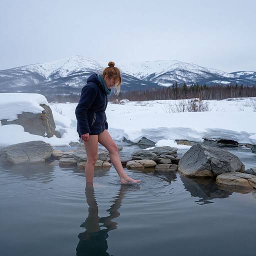 Photograph of a blonde woman in a black jacket and shorts, standing in a snowy lake, stepping on rocks, with snow-covered mountains in the background