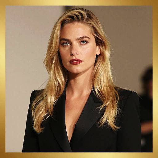 Photograph of a blonde, fair-skinned woman with blue eyes, wearing a black blazer, red lipstick, and loose waves, against a blurred