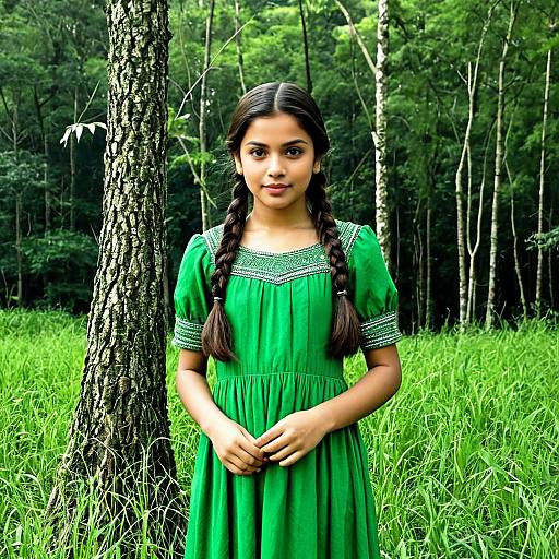 Girl in Green Dress with Twin Braids in Forest