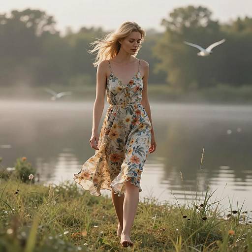 Serene Blonde in Floral Sundress by Lake