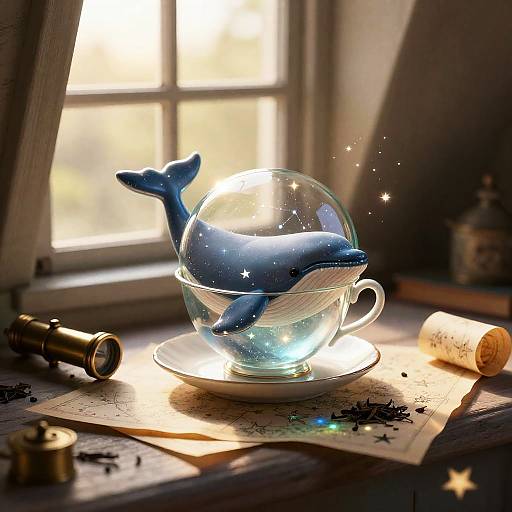 Glass Whale in Teacup at Golden Hour