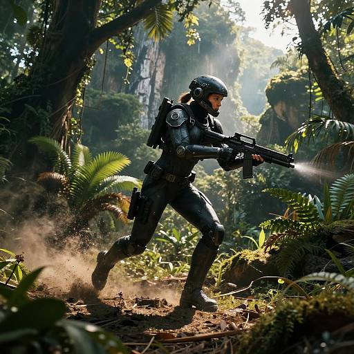 Female Soldier in High-Tech Exo Suit Running in Jungle