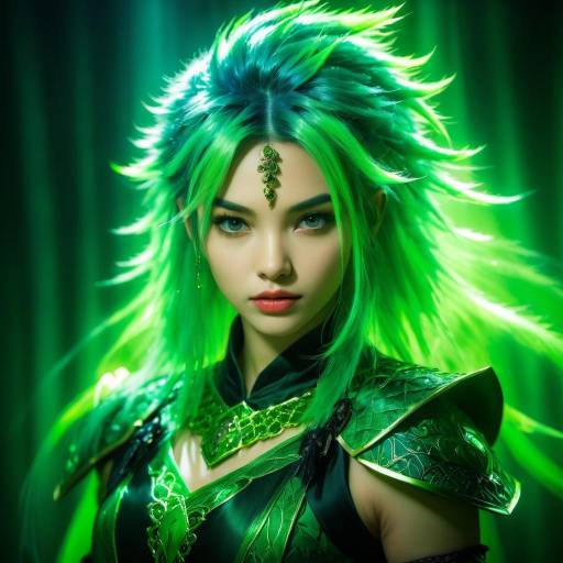 Fierce Woman with Green Hair in Fantasy Armor