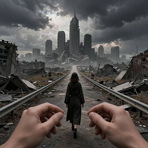 Photograph of a lone figure in a black coat walking down a ruined train track towards a dark, stormy city skyline, framed by two hands in