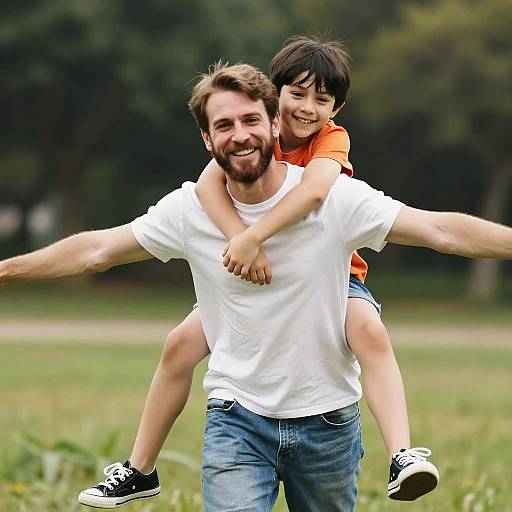 Smiling Piggyback Ride on a Sunny Day
