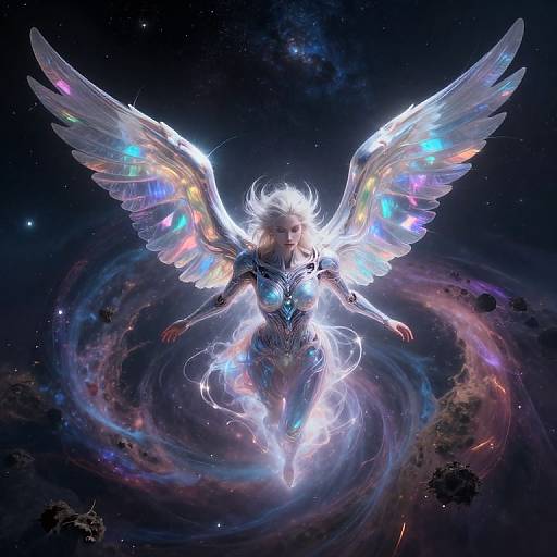 Digital art of a radiant, white-haired angel with glowing, rainbow-winged wings, floating in a cosmic, star-filled, swirling galaxy background.