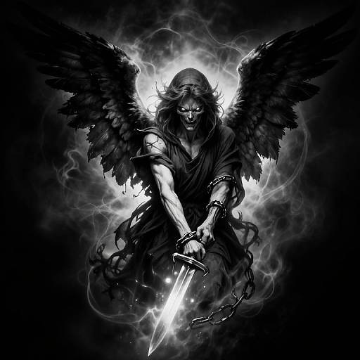 Dark, gothic digital illustration of a fierce, winged angel with glowing eyes and a dagger, surrounded by ethereal smoke and light.