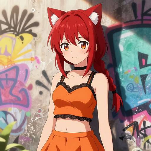 Anime-style illustration of a red-haired girl with cat ears, wearing an orange crop top and skirt, standing in a colorful graffiti-laden urban background.